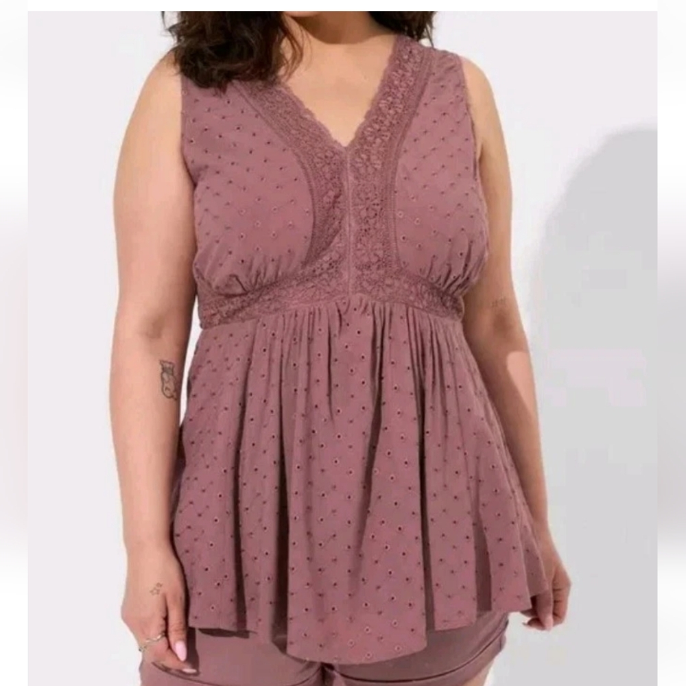 Torrid Eyelet Sisterhood Babydoll Top Woman Plus 5X Rose Taupe Boho Coastal